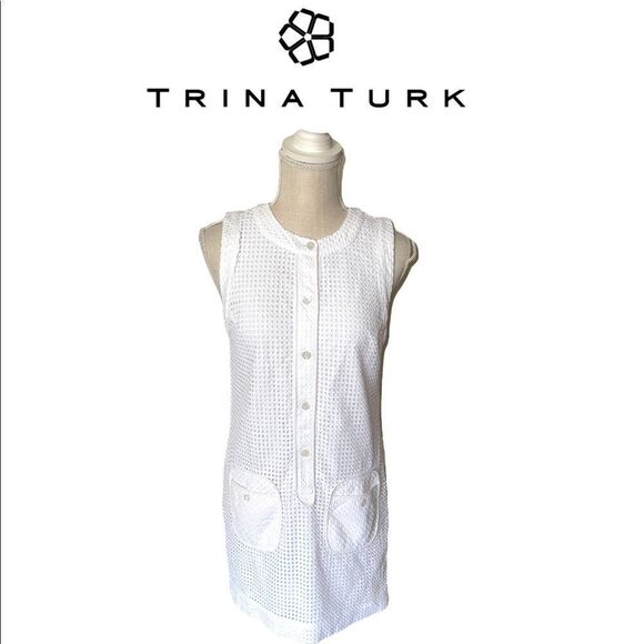 Trina Turk White Circle Eyelet Lace Shift Dress - Picture 1 of 16